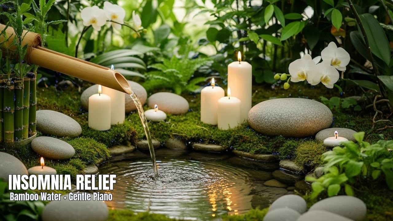 Insomnia Relief: Bamboo Fountain Sounds + Gentle Piano (No Talking) • Live Soundscape