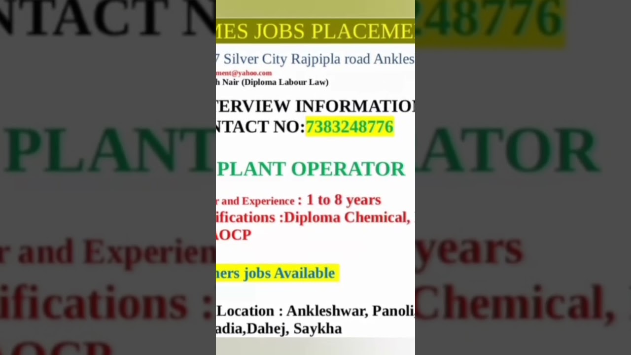 Chemicals Plant Operator Jobs. Placement Service in Ankleshwar