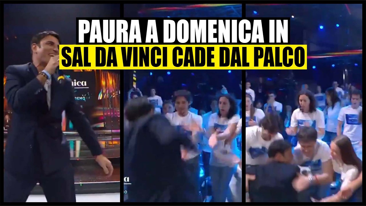 SAL DA VINCI CADE DAL PALCO MENTRE CANTA A DOMENICA IN: PAURA IN STUDIO