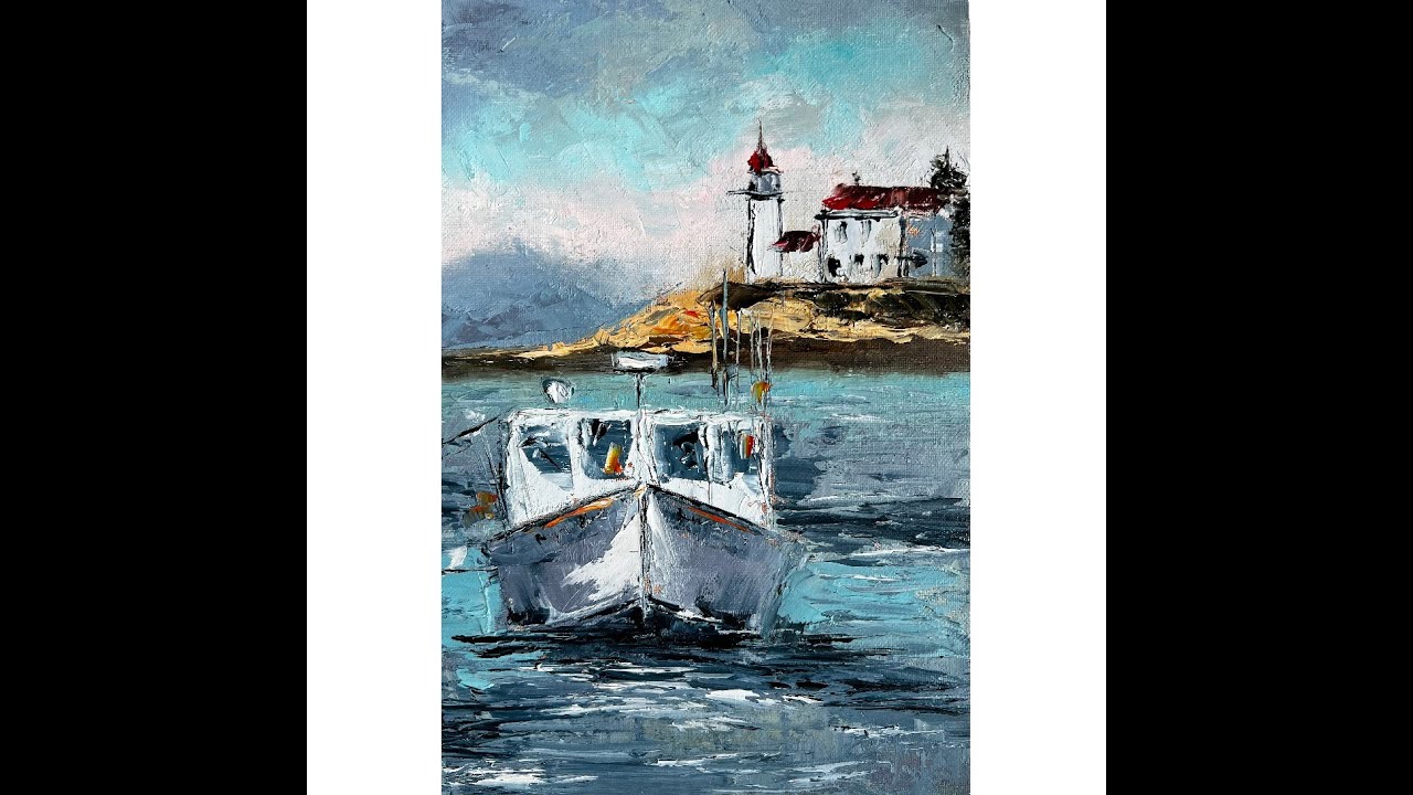 Boat Painting Lighthouse Original Art 12 by 8 inch