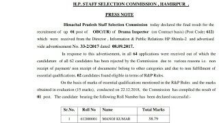 HPSSC Drama Inspector Final Result Out | Post Code - 612 |