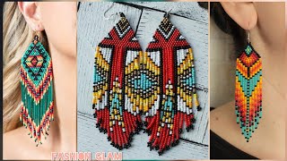 New Native American Fringe Beaded Long Hoop Earrings Pattern/Tribal Beads Earrings