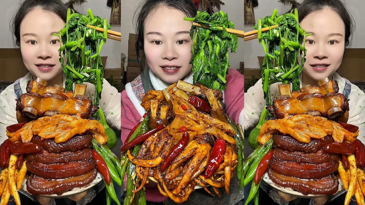 🔥 Homemade Mukbang | Braised Pork, Water Spinach, Eggs & Super Spicy Chili 🌶️ | Super delicious