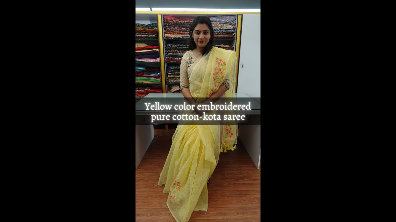 Yellow color embroidered pure cotton-kota saree
