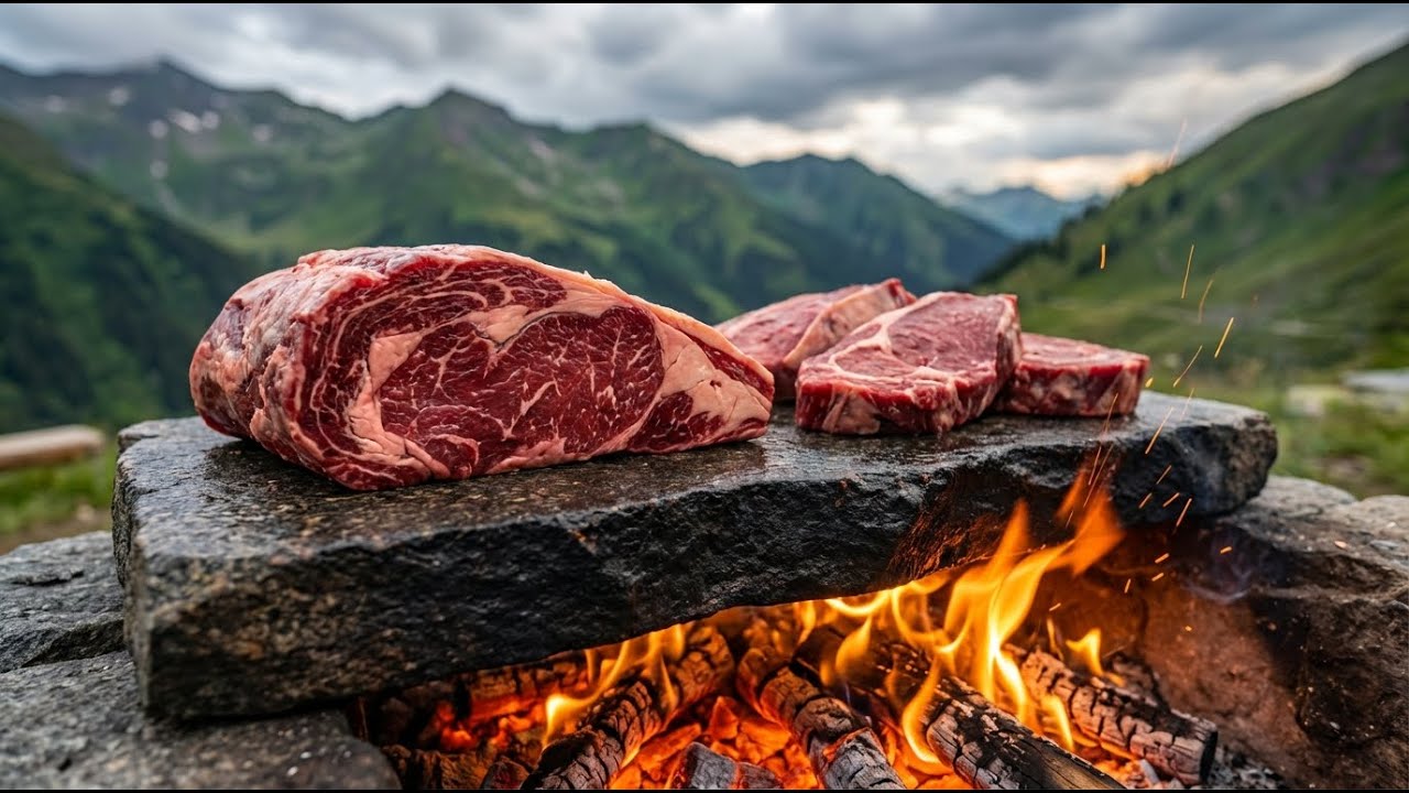 Massive Fresh-Cut Meat on Hot Stone 🔥 | Australian Bushcraft Cooking ASMR