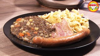 Swabian tradition lives on, lentils with homemade spaetzle, string sausage and pork belly