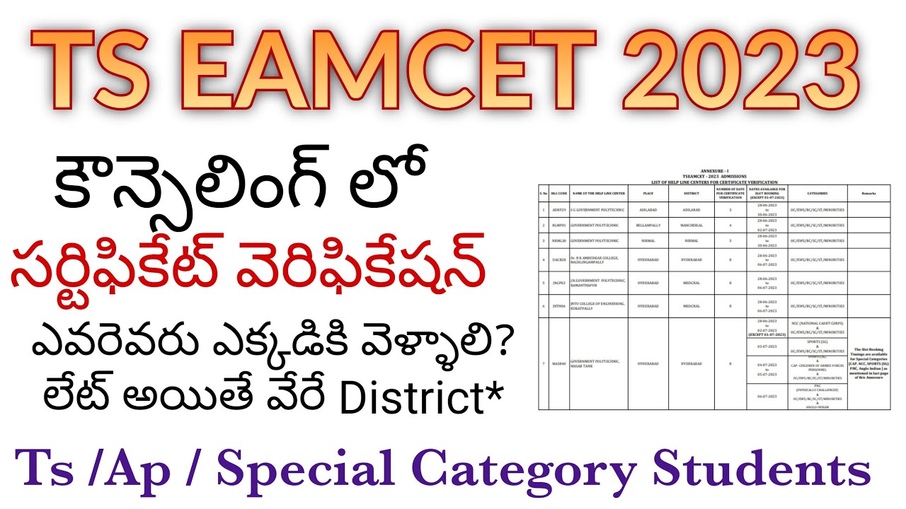 Ts Eamcet 2023 Certificate Verification Centre's - ఎవరెవరు ఎక్కడికి ...