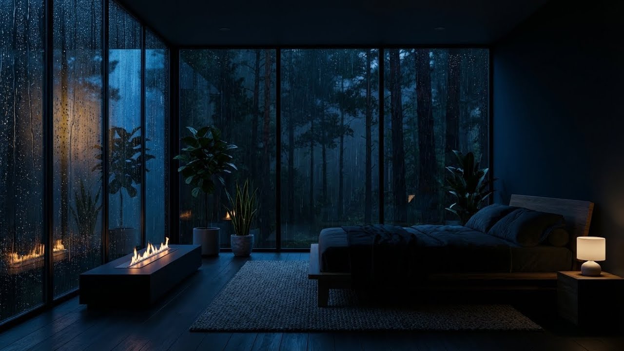 Instant Relief: Rain Sounds in Dark Glass House with Fireplace for Fast Sleep and Relax 😴