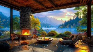 Heavy Rain & Warm Jazz Music in a Cozy Cabin Porch - Relaxing Fireplace Sounds for Sleep