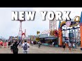 【4K】Crowded Coney Island with Fair Rides, Boardwalk and Beach Walk | New York City Walking Tour