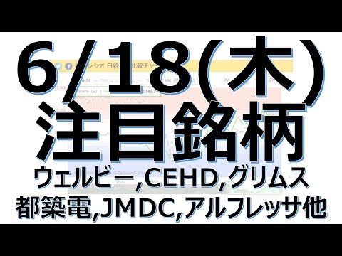 【6/18(木)の注目銘柄解説！】ウェルビー、CEHD、グリムス、都築電気、JMDC、アルフレッサ、CANBAS、Aiming、クレアHD
