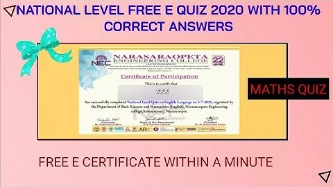 FREE E QUIZ 2020 WITH ANSWERS&FREE E CERTIFICATE-NATIONAL LEVEL FREE E QUIZ ON MATHS-#onlinequizfree