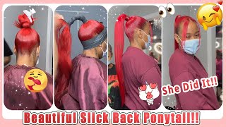 How About Red Color Slick Back Ponytail? Tutorial For Hair Extensions~ High Pony Look #Elfinhair