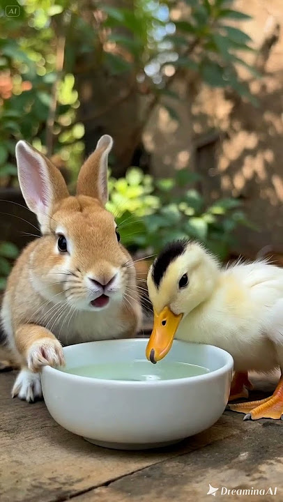 Bunny and Duckling’s Drink Time #bunny #duckling #cuteanimals