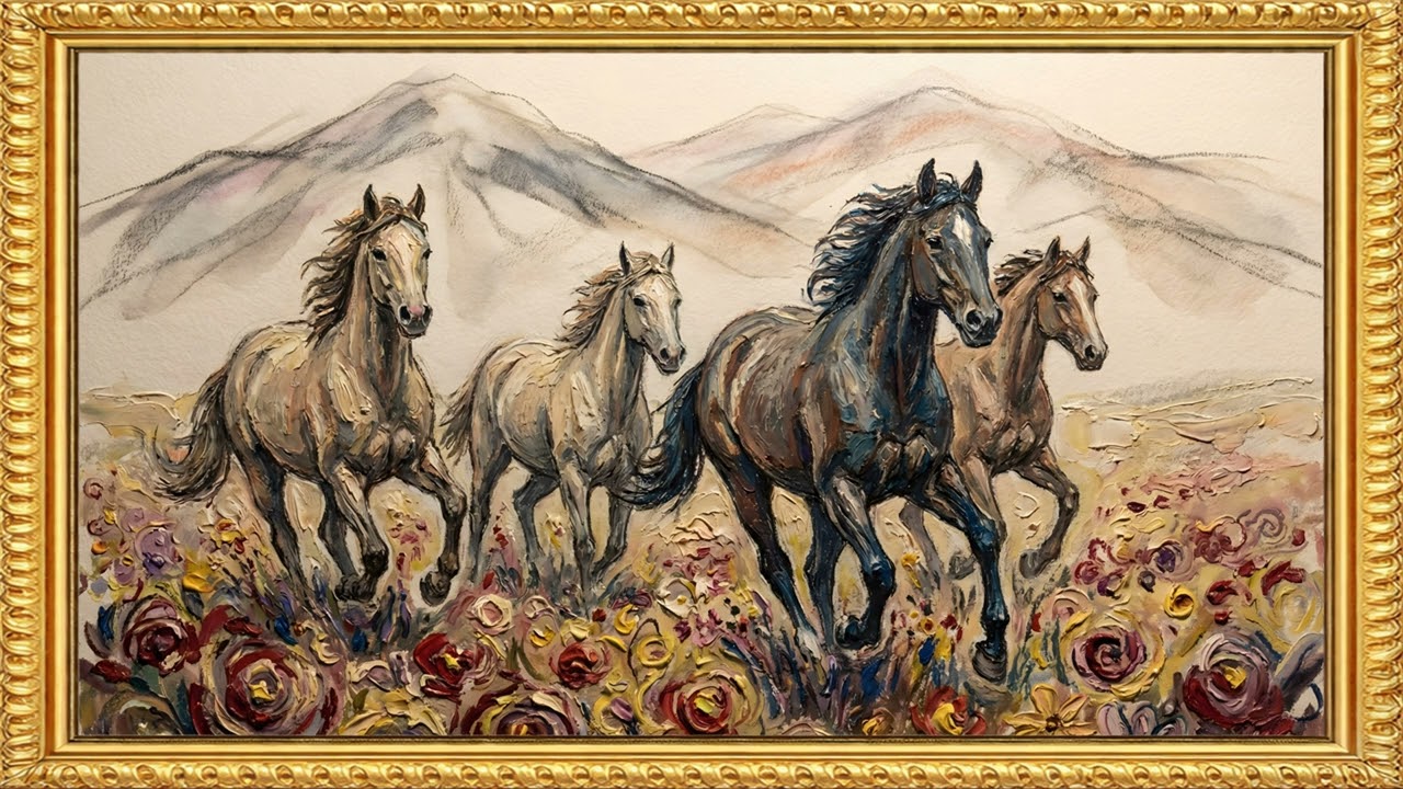 Wild Horses in Bloom | Elegant Running Horses Painting | 4K Frame TV Art | FTV art 4K