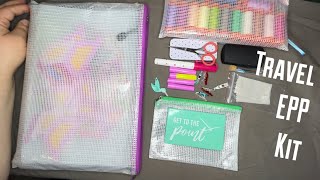 English paper piecing travel kit, EPP quilting set up, tools for slow stitching, needles, clips