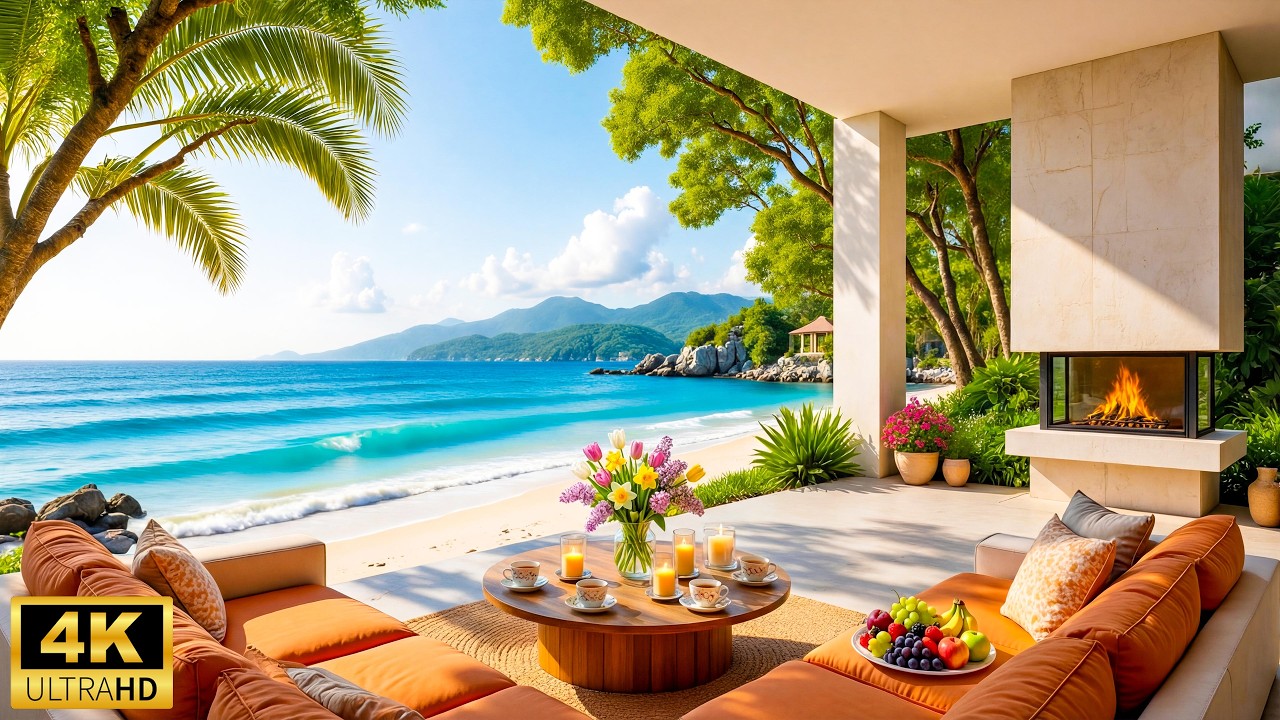 Tropical Beach Terrace Ambience ☘️ Soothing Piano Music with Ocean Sounds & Warm Fireplace for Calm