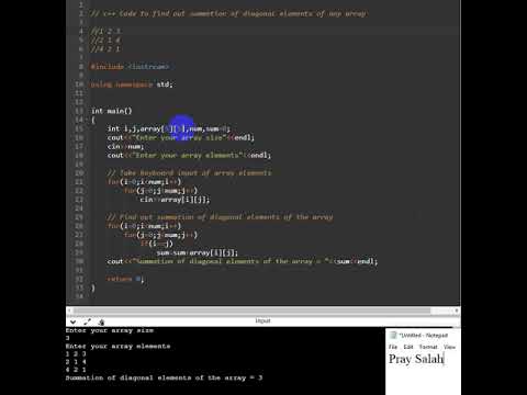C++ code to find out sum of diagonal array elements - YouTube