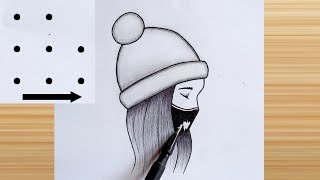 How to draw a girl with mask pencil sketch || 8 points to girl with winter cap drawing || Girl चित्र