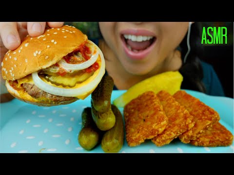 ASMR Beef Cheeseburger + Hashbrowns + Pickles ♥ Ranch + Ketchup ♥ 먹방 No Talking suellASMR