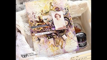 Mixed Media Autumn Canvas with leaf prints "Daydreamer" by Juliya Tirskaya