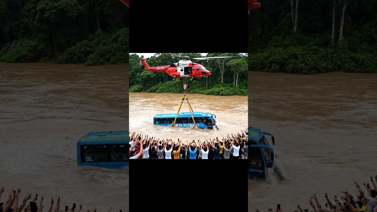 INCREDIBLE HELICOPTER RESCUE: Lifts Entire Bus From Raging River!