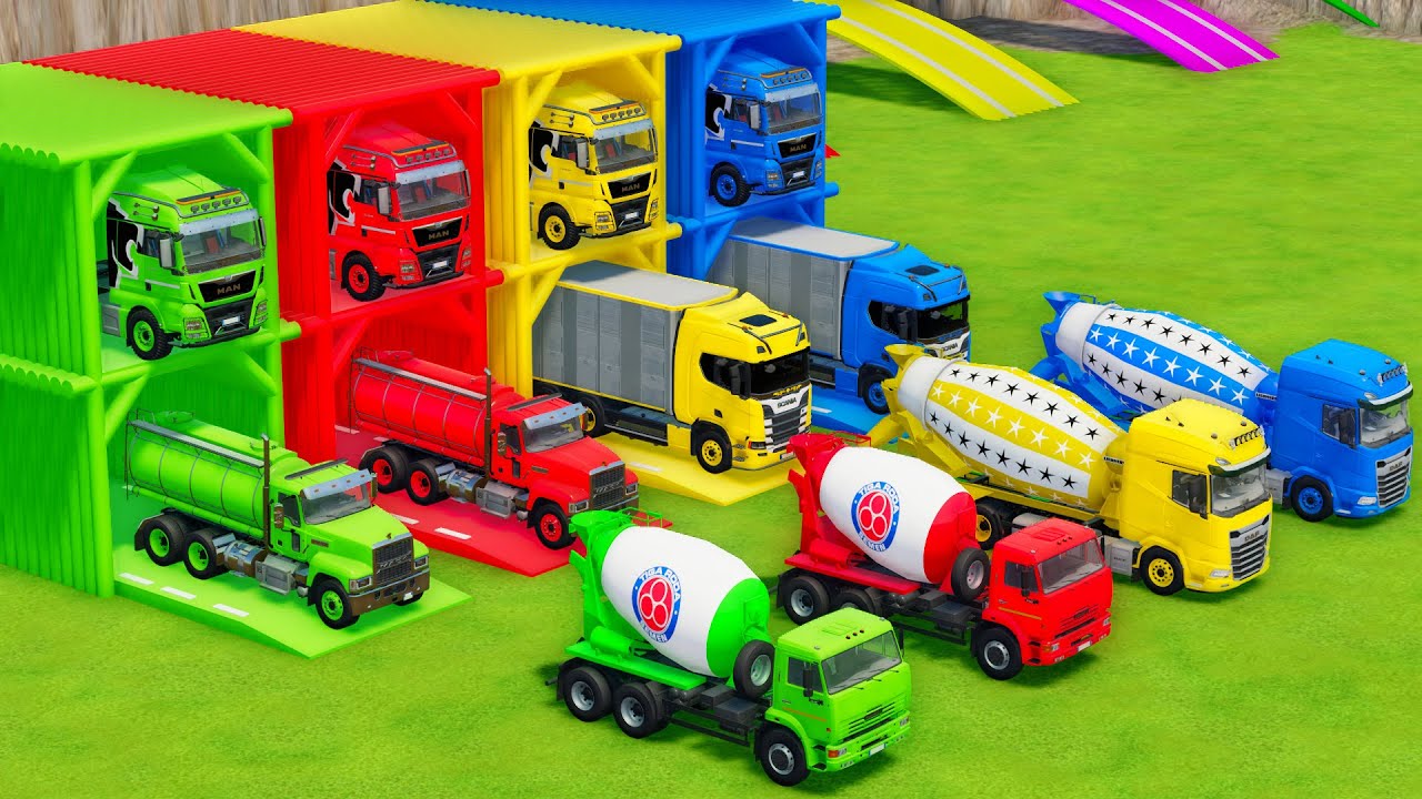 Garage with Colors - ALL MIXER TRUCK WITH DOUBLE FLATBED TRAILER TRUCK, MACK, SCANIA, KAMAZ, DAF