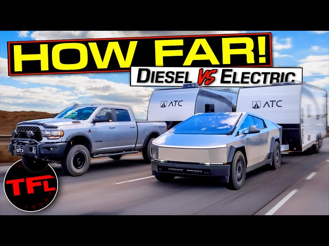How Far Can a Tesla Cybertruck ACTUALLY Tow? We Compare It To a Diesel Truck! class=