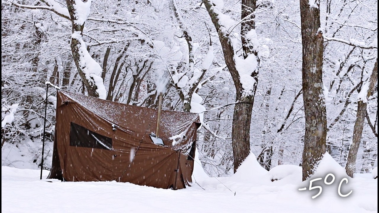 寒波到来－5℃【雪中ソロキャンプ】ホットテントで過ごす雪深い森の奥【OneTigris CozShack】ASMR