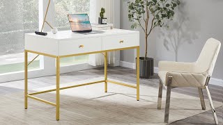 Superjare Vanity Desk With 2 Drawers 47-Inch Computer Desk - White And Gold