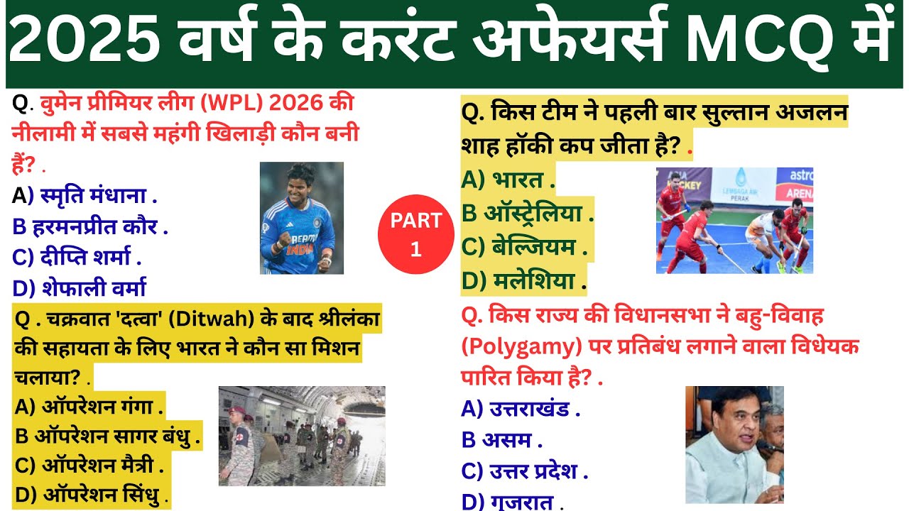🔥 2025 Yearly Current Affairs Top MCQ Series | Part-1 | Current GK 2025 | सभी Exams के लिए 🚀