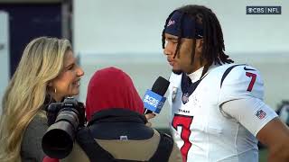 C.J. speaks to Melanie Collins after defeating the Cincinnati Bengals