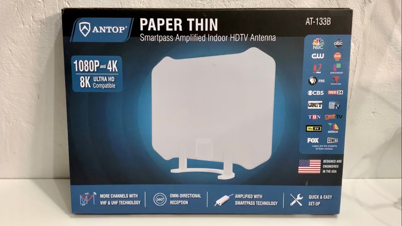 ANTOP AT133B TV Antenna Paper Thin Flat Panel Amplified Indoor OTA TV