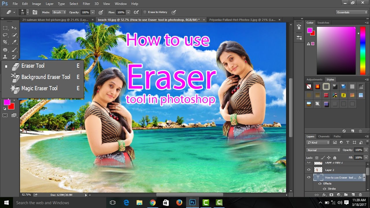 Cách sử dụng công cụ Eraser photoshop Để xóa nền ảnh trên máy tính