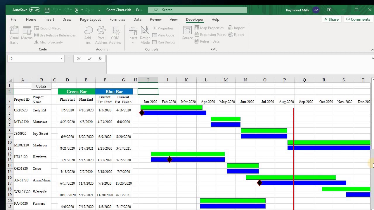 Use VBA to Build a Dynamic Gantt Chart with annotation diamonds - YouTube