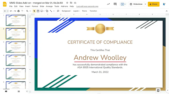 Mail Merge Certificates from Google Slides using Quicklution's Mail Merge add-on