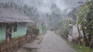Super storm heavy rain and strong winds in the village, extreme rainstorm and lightning hit Asia
