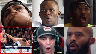 Fighters react to Paulo Costa's SPINNING KICK on Robert Whittaker at the end of round 1 at UFC 298