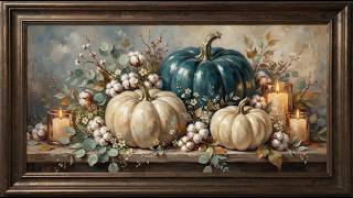 Cozy Autumn Blue & Ivory Pumpkins | Elegant Seasonal Oil Painting | UHD FRAME ART screenshot 5