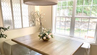 Small Dining Room breakfast Nook Makeover on budget RELAXING / Table refinish DIY large Mirror Decor