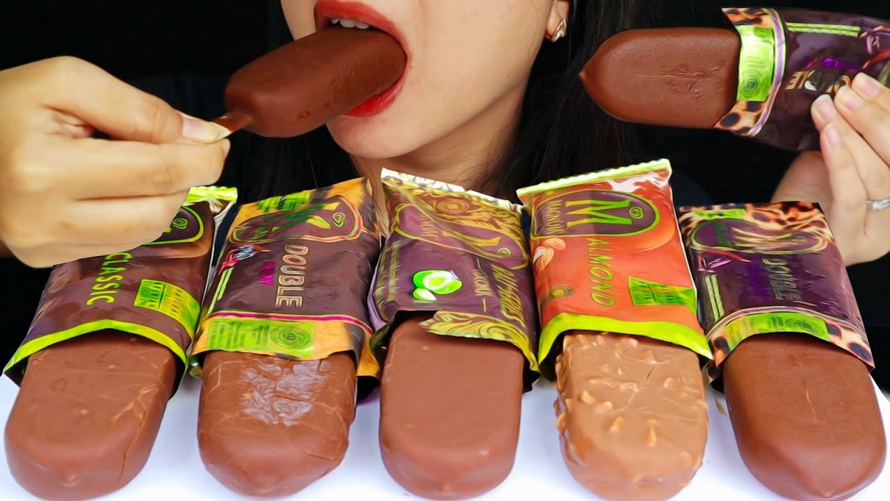 ASMR MAGNUM CHOCOLATE ICE CREAM CLASSIC, ALMOND, DOUBLE BERRY, BALI SERIES COCONUT, DOUBLE CHOCOLATE