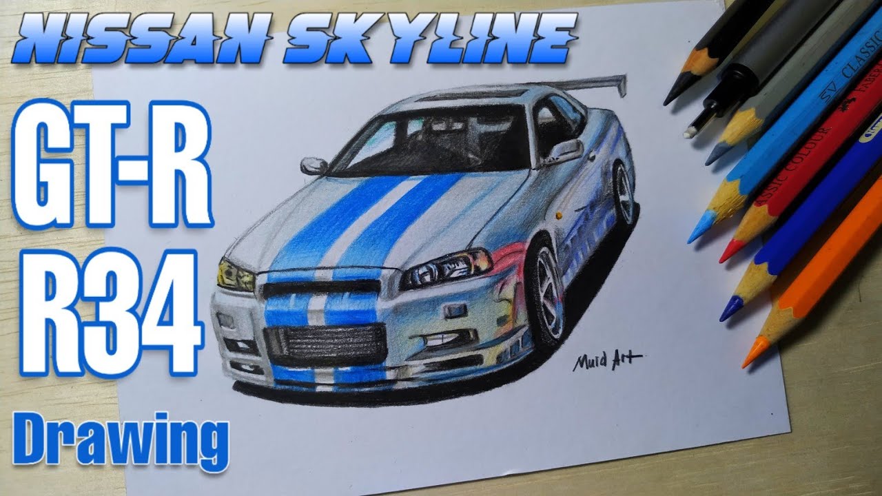 Drawing Car Nissan Skyline Gt R R34 Timelapse Video Youtube