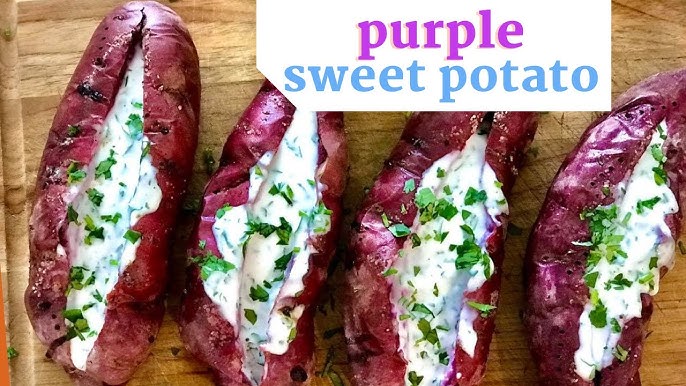 Roasted Sweet & Purple Potatoes With Green Chili-Cilantro