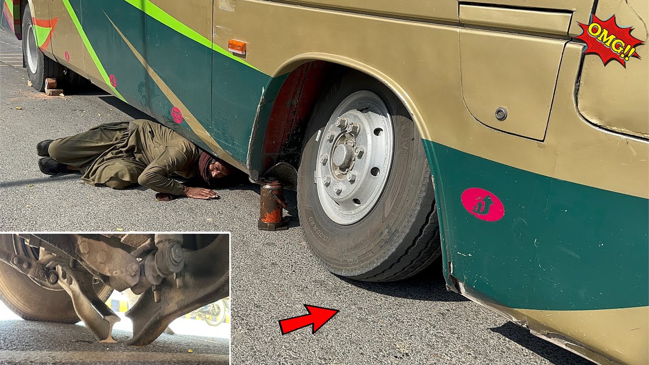 The FRONT AXLE of a Passenger BUS suddenly Broke. Repair Work on the Road