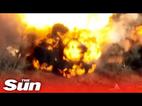 Russian tank goes up in flames in HUGE explosion as Ukrainian artillery strikes.