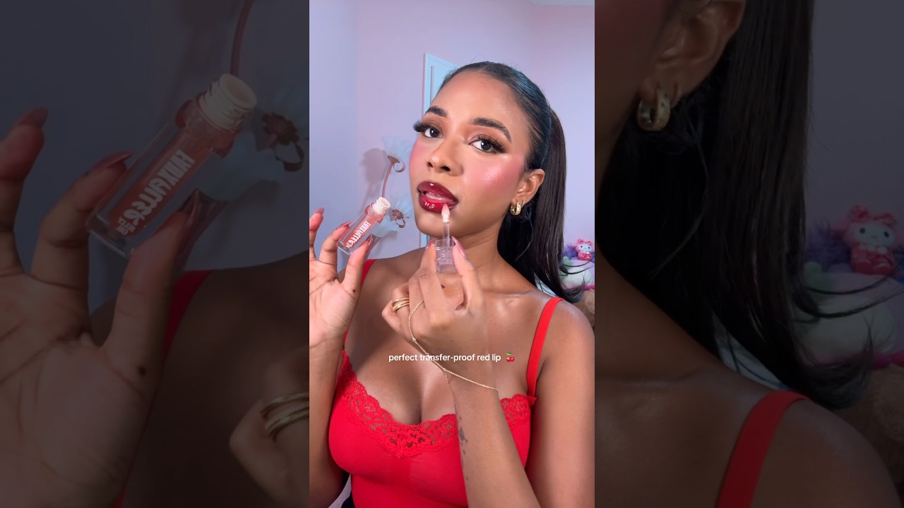 perfect transfer proof red lip 🍒 hudabeauty cinnamon & cherry red lip stain with peach jelly oil