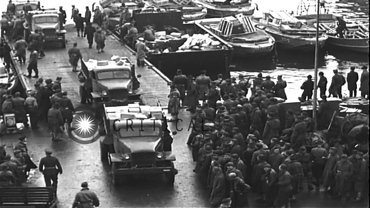 Troops and vehicles of Atlantic convoy on dock in Iceland. HD Stock Footage