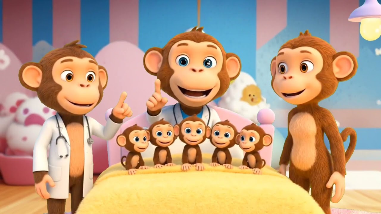 Five Little Monkeys Jumping Fun!A Five Little Pups Rhyme#trending