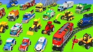 Xe cứu hỏa, xe lửa, máy kéo, máy xúc, xe rác, xe cảnh sát và xe đồ chơi Lego cho trẻ em