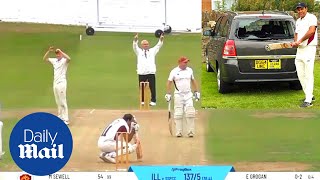 Hilarious moment cricketer hits incredible shot that smashes his own car window